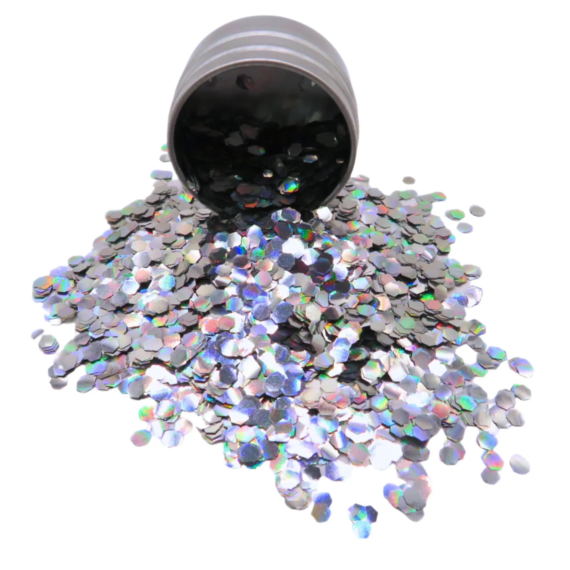 Holographic super chunky eco friendly cosmetic glitter in a round 6 gram aluminium tin