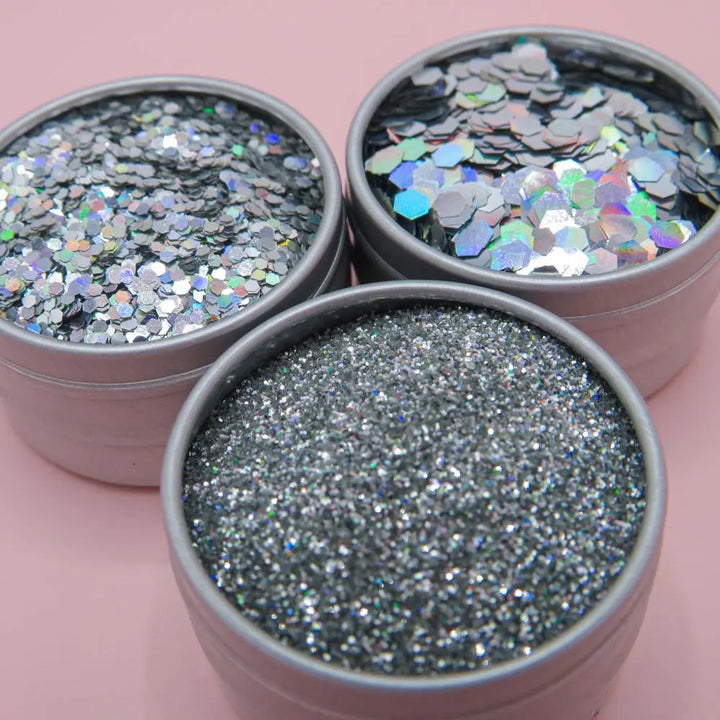 Trio of holographic glitter in fine, chunky and super chunky sizing.