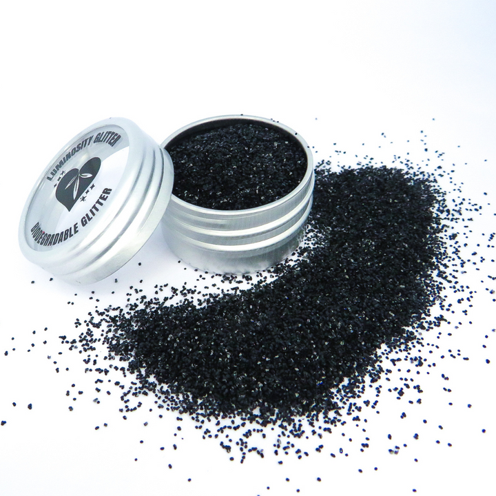 Jet black medium biodegradable glitter in a 6g aluminium pot.