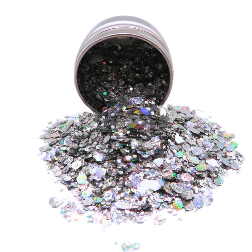 Kaleidoscope eco friendly holographic glitter in a 6 gram aluminium pot.