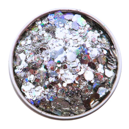 Kaleidoscope holographic eco glitter mix is made up of fine, chunky and super chunky silver holographic glitter