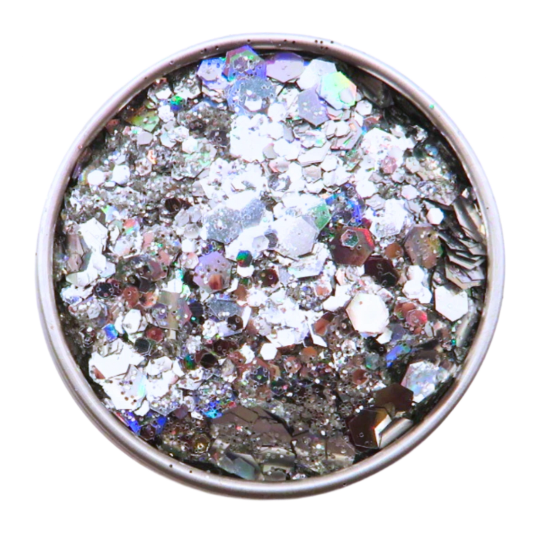 Kaleidoscope holographic eco glitter mix is made up of fine, chunky and super chunky silver holographic glitter