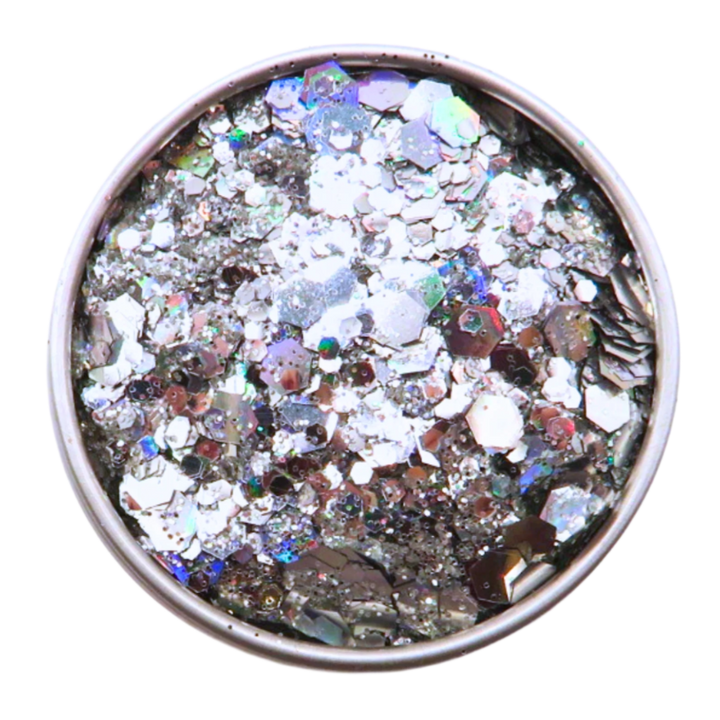 Kaleidoscope holographic eco glitter mix is made up of fine, chunky and super chunky silver holographic glitter