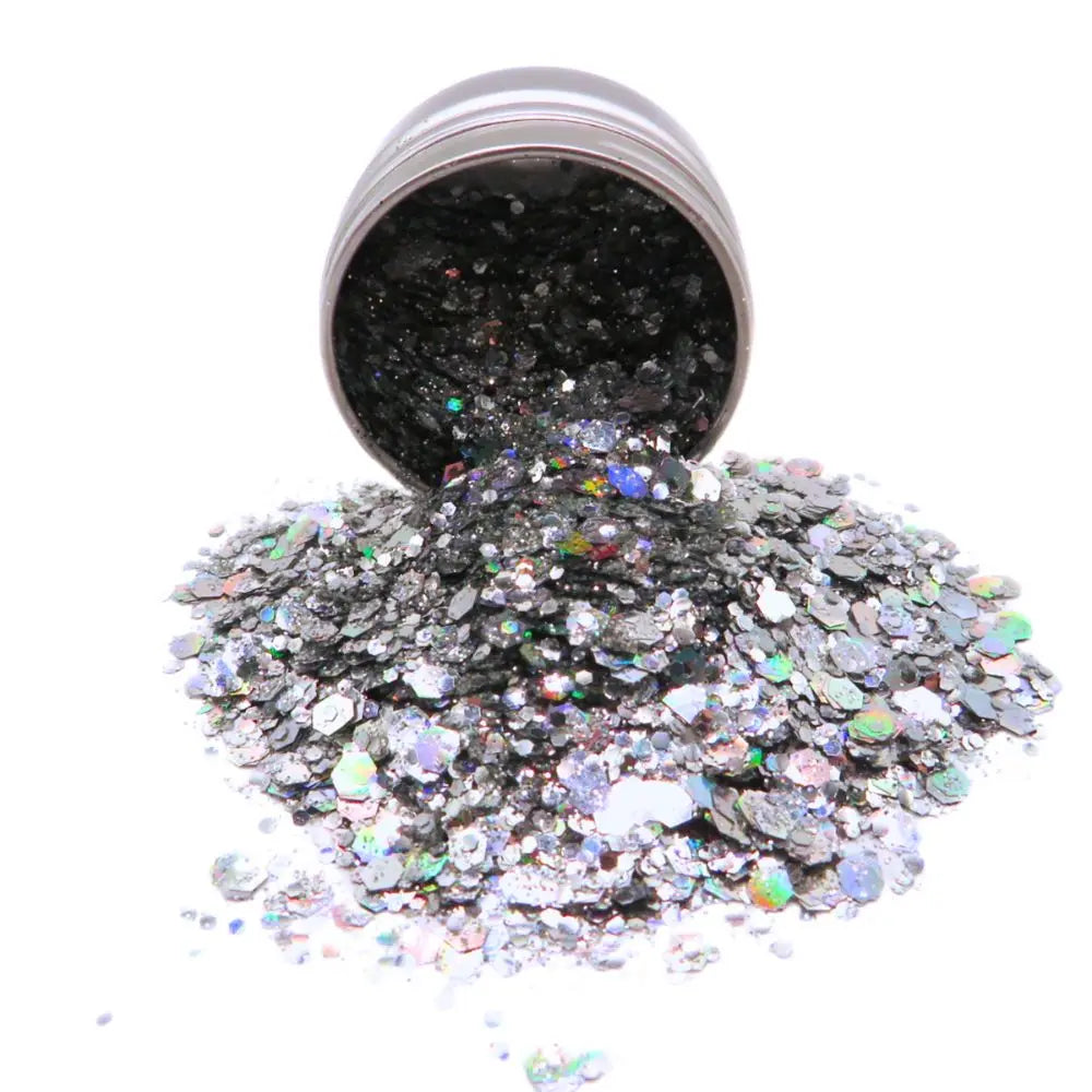 Close up of holographic silver eco glitter blend Kaleidoscope.