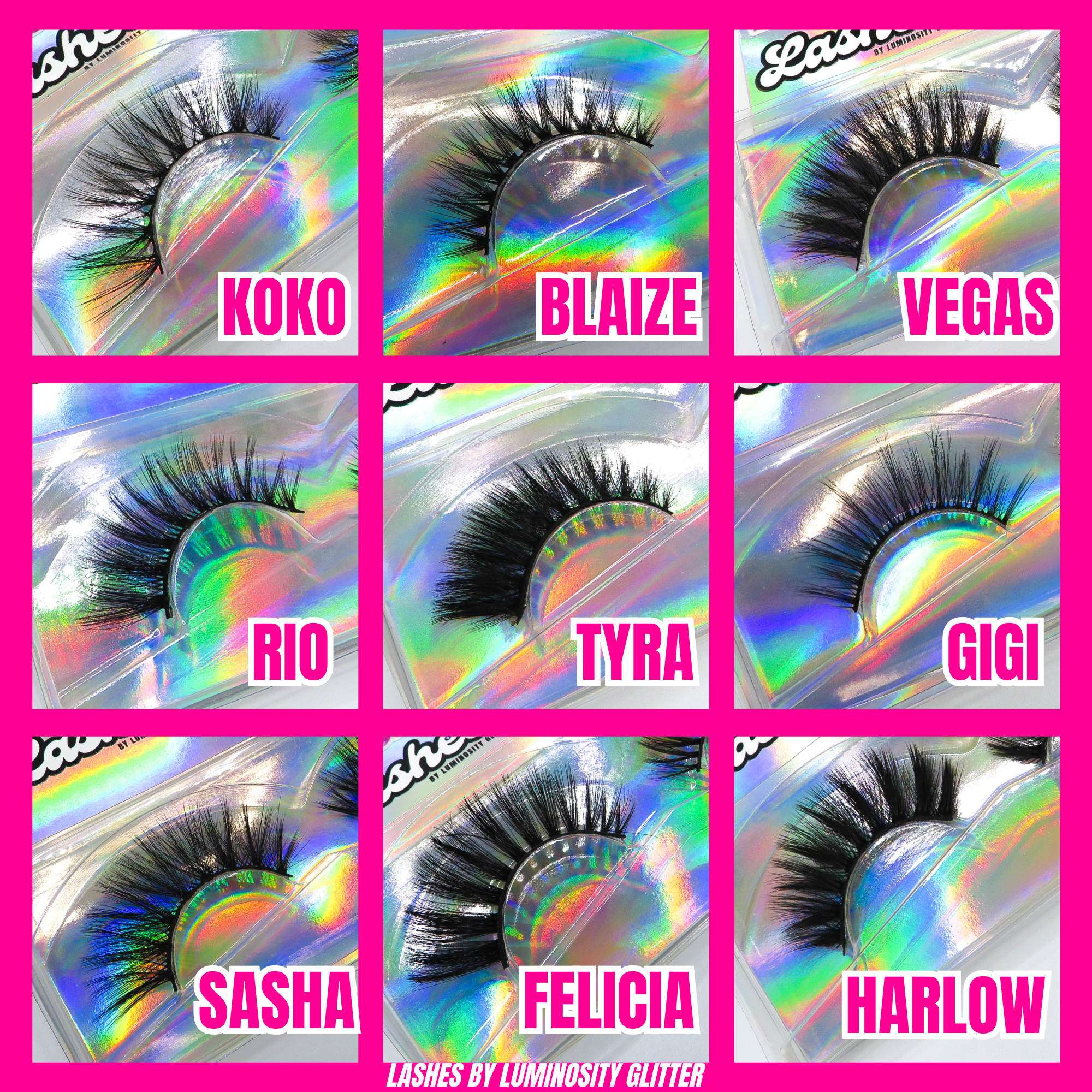 A selection of 9 strip lashes in different styles by Luminosity Glitter