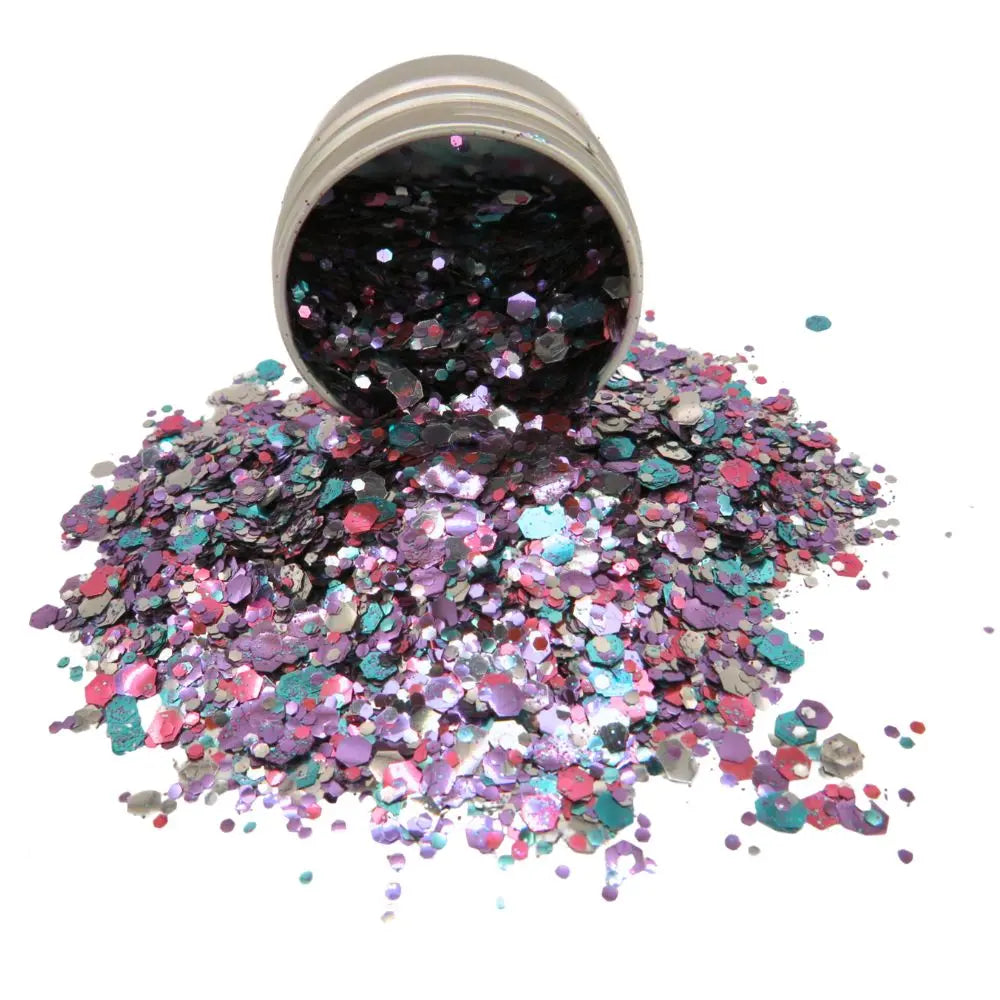 Lyra biodegradable glitter blend close up in a 6 gram aluminium pot.