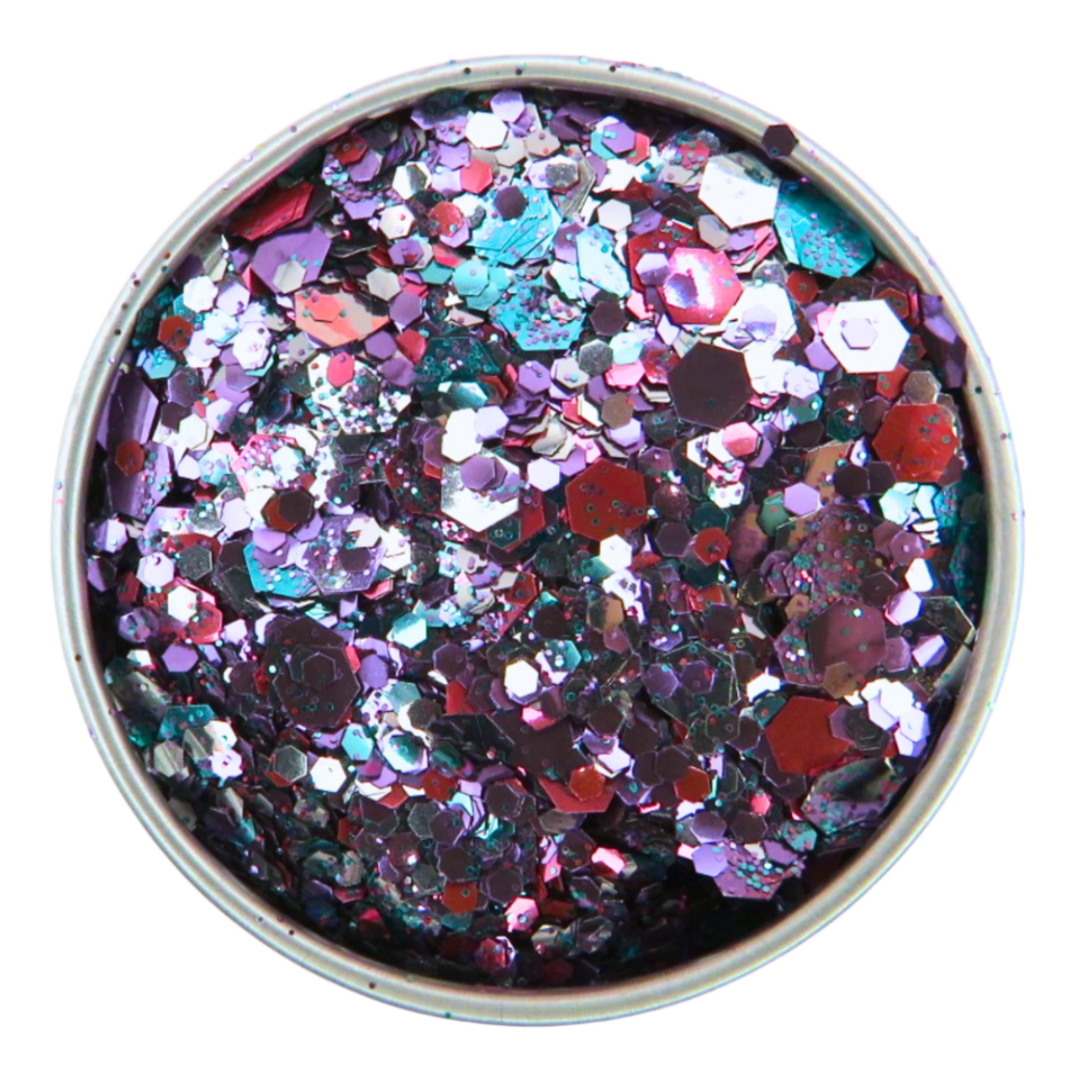 Lyra eco friendly glitter blend is made with purple, blue, turquoise, silver and pink eco friendly glitter in fine, chunky and super chunky sizing.