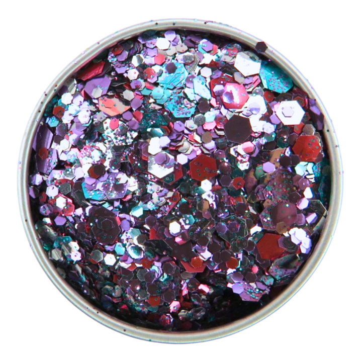 Lyra eco friendly glitter blend is made with purple, blue, turquoise, silver and pink eco friendly glitter in fine, chunky and super chunky sizing.