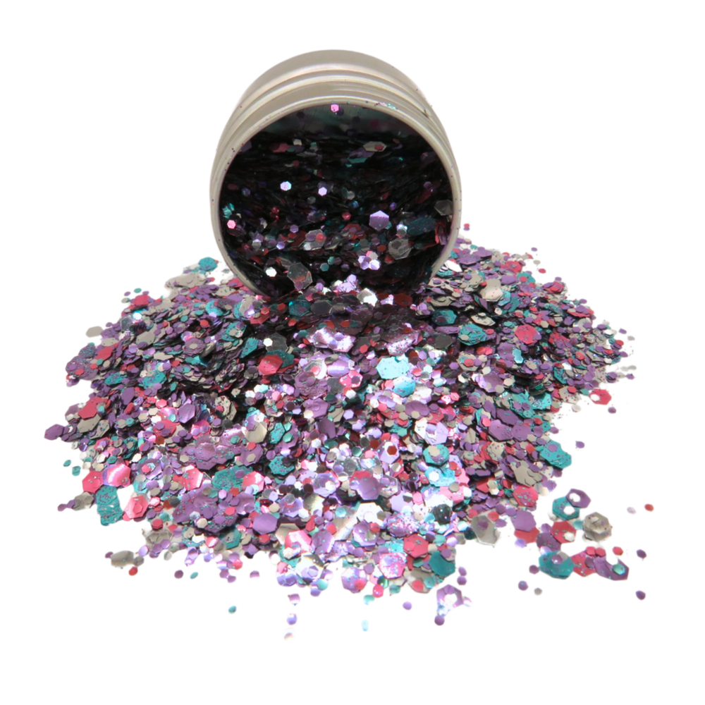 Lyra Eco friendly cosmetic glitter blend spilling out of a 6 gram aluminium pot.