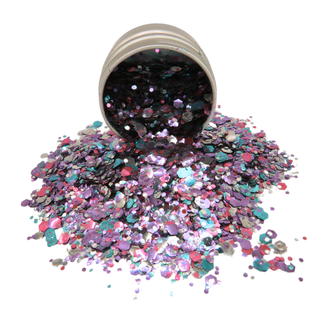 Lyra Eco friendly cosmetic glitter blend spilling out of a 6 gram aluminium pot.