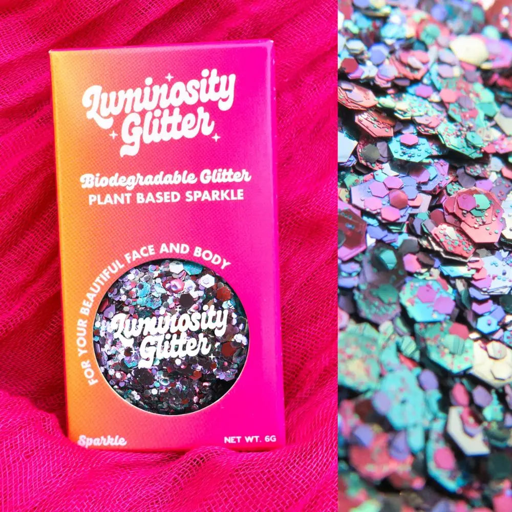 Lyra biodegradable eco glitter in a bright ombre packaging box.