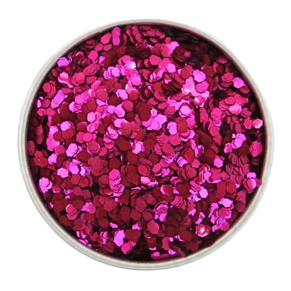 Magenta dark rose shade of eco glitter in chunky flake size. In a round 6 gram aluminium pot.