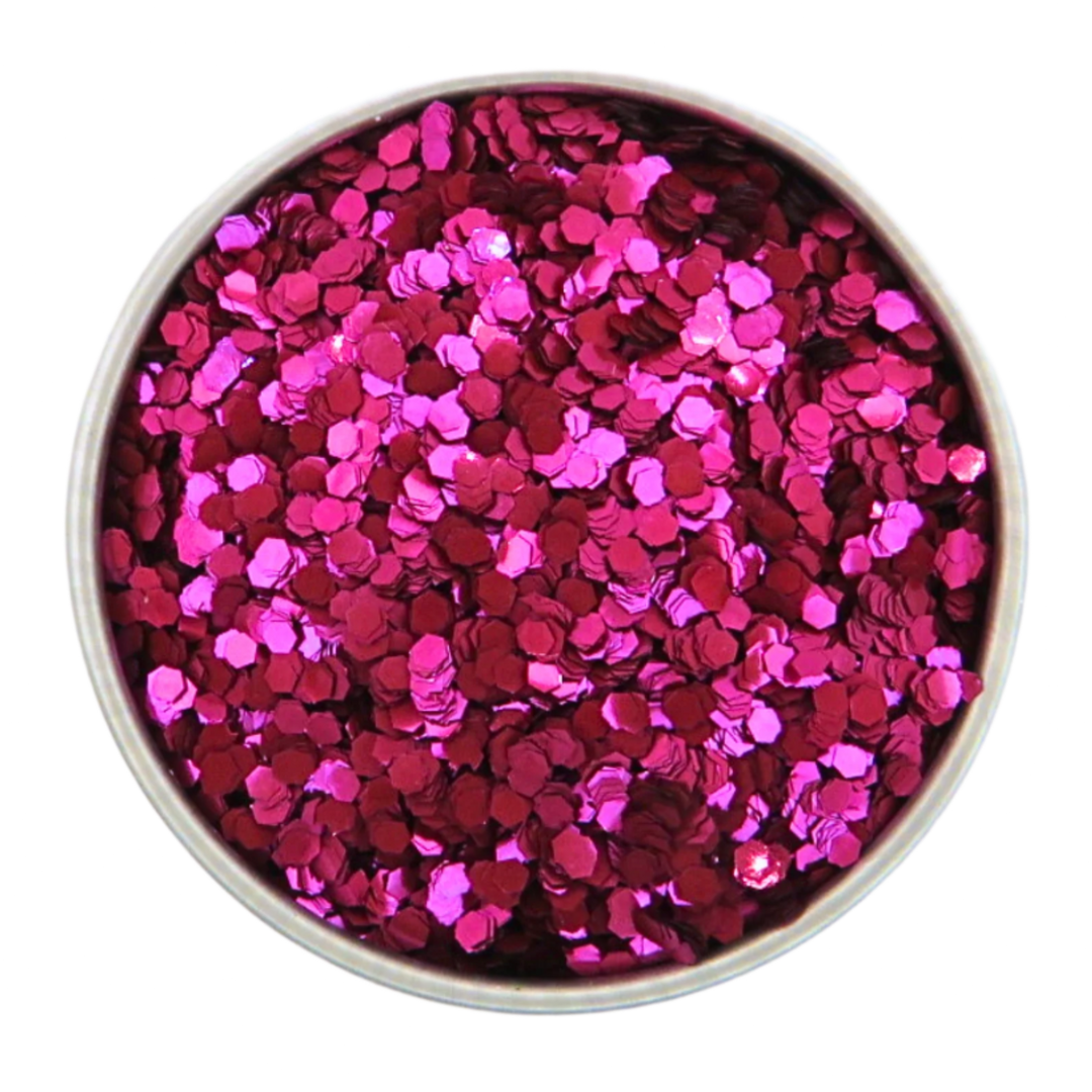 Magenta dark rose shade of eco glitter in chunky flake size. In a round 6 gram aluminium pot.