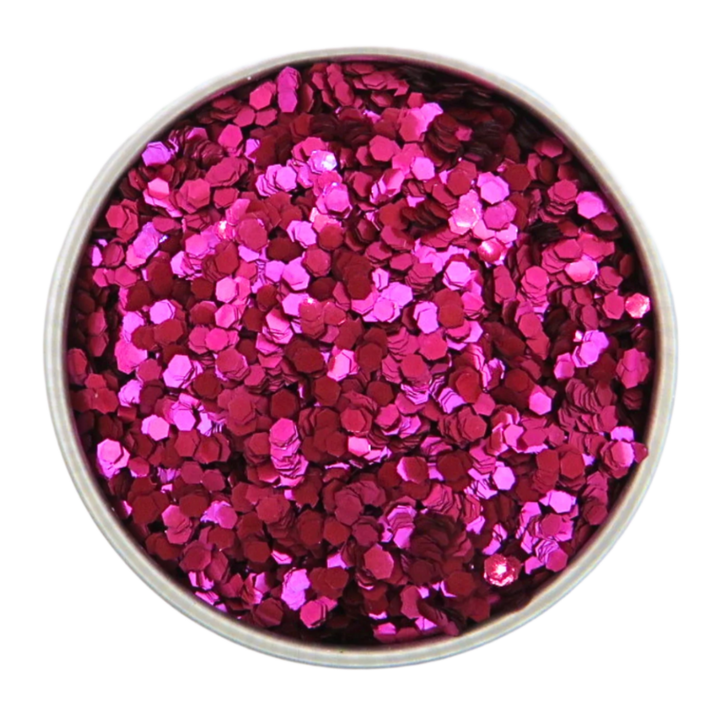 Magenta dark rose shade of eco glitter in chunky flake size. In a round 6 gram aluminium pot.