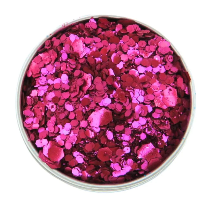 Magenta blend of biodegradable cosmetic glitter is a dark pink shade. This mix is made with fine, chunky and super chunky eco friendly glitter.