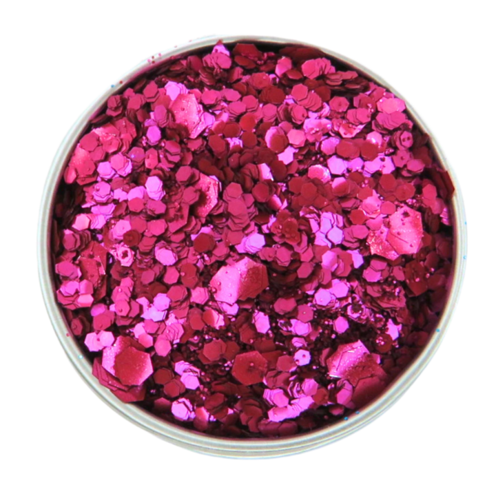 Magenta blend of biodegradable cosmetic glitter is a dark pink shade. This mix is made with fine, chunky and super chunky eco friendly glitter.