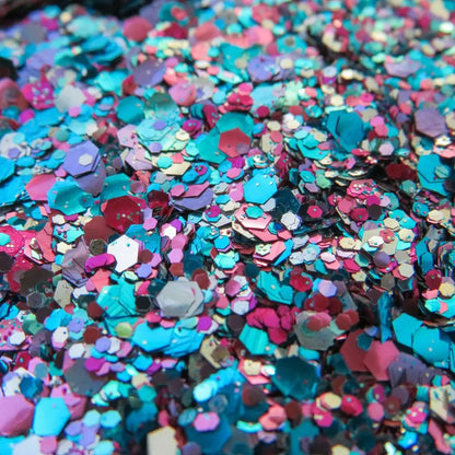 Mermaid bioglitter mix is made up of sky blue, pink, silver and magenta cosmetic grade glitter for your face, body, hair, nails and crafting.