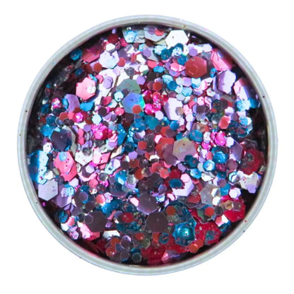 Mermaid eco friendly glitter mix has been hand blended with sky blue, purple, rose pink, magenta and holographic silver eco glitter in multiple sizes for dimension.