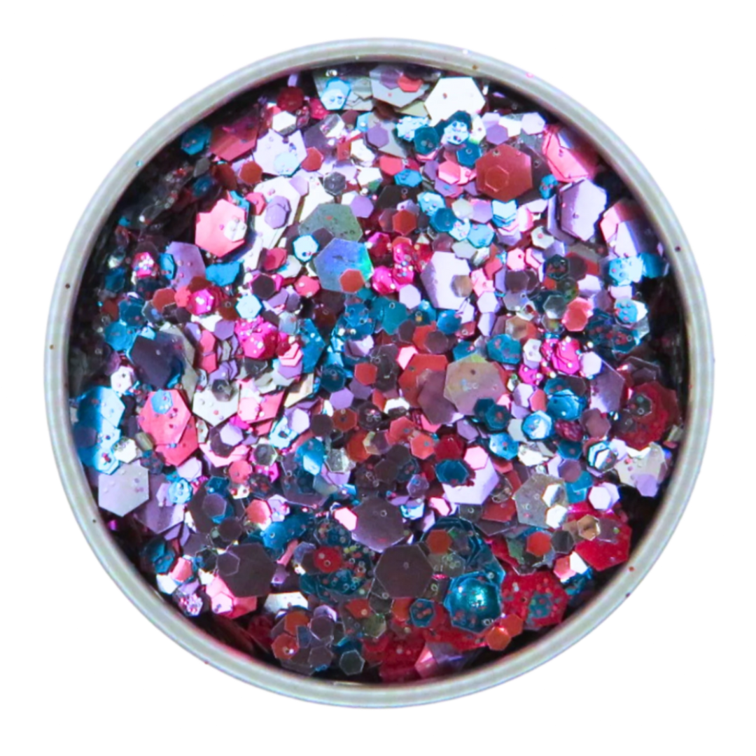 Mermaid eco friendly glitter mix has been hand blended with sky blue, purple, rose pink, magenta and holographic silver eco glitter in multiple sizes for dimension.