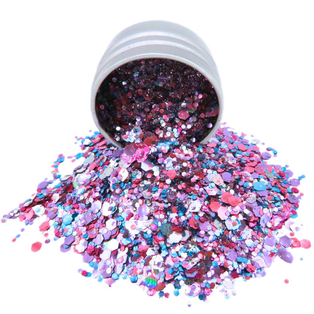 Mermaid eco glitter mix with purple, sky blue, rose pink and holographic silver eco friendly plant based glitter.