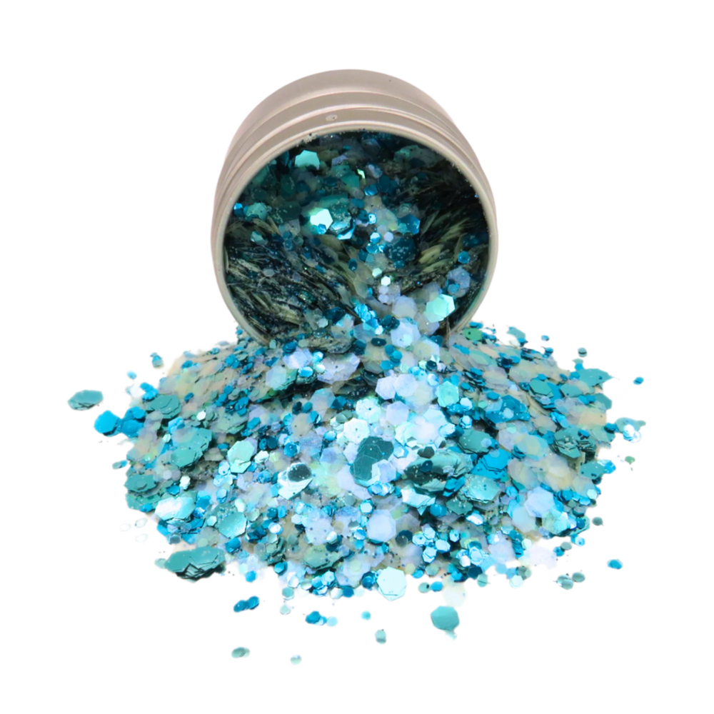 Merman blue, turquoise and green eco glitter blend in a round aluminium pot.