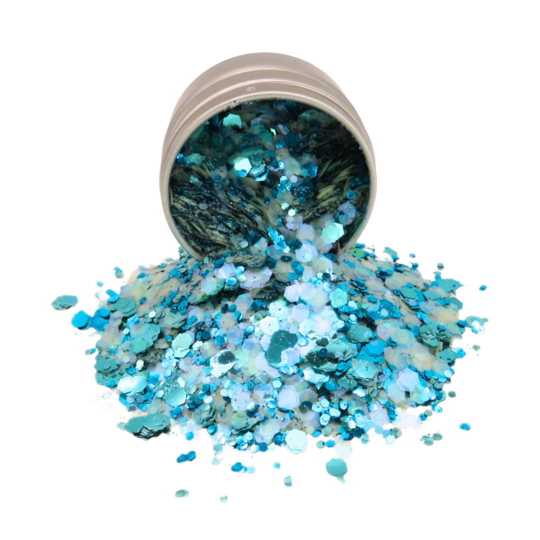 Merman blue, turquoise and green eco glitter blend in a round aluminium pot.