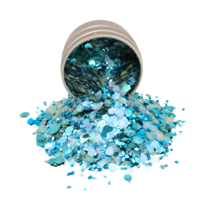 Merman blue, turquoise and green eco glitter blend in a round aluminium pot.