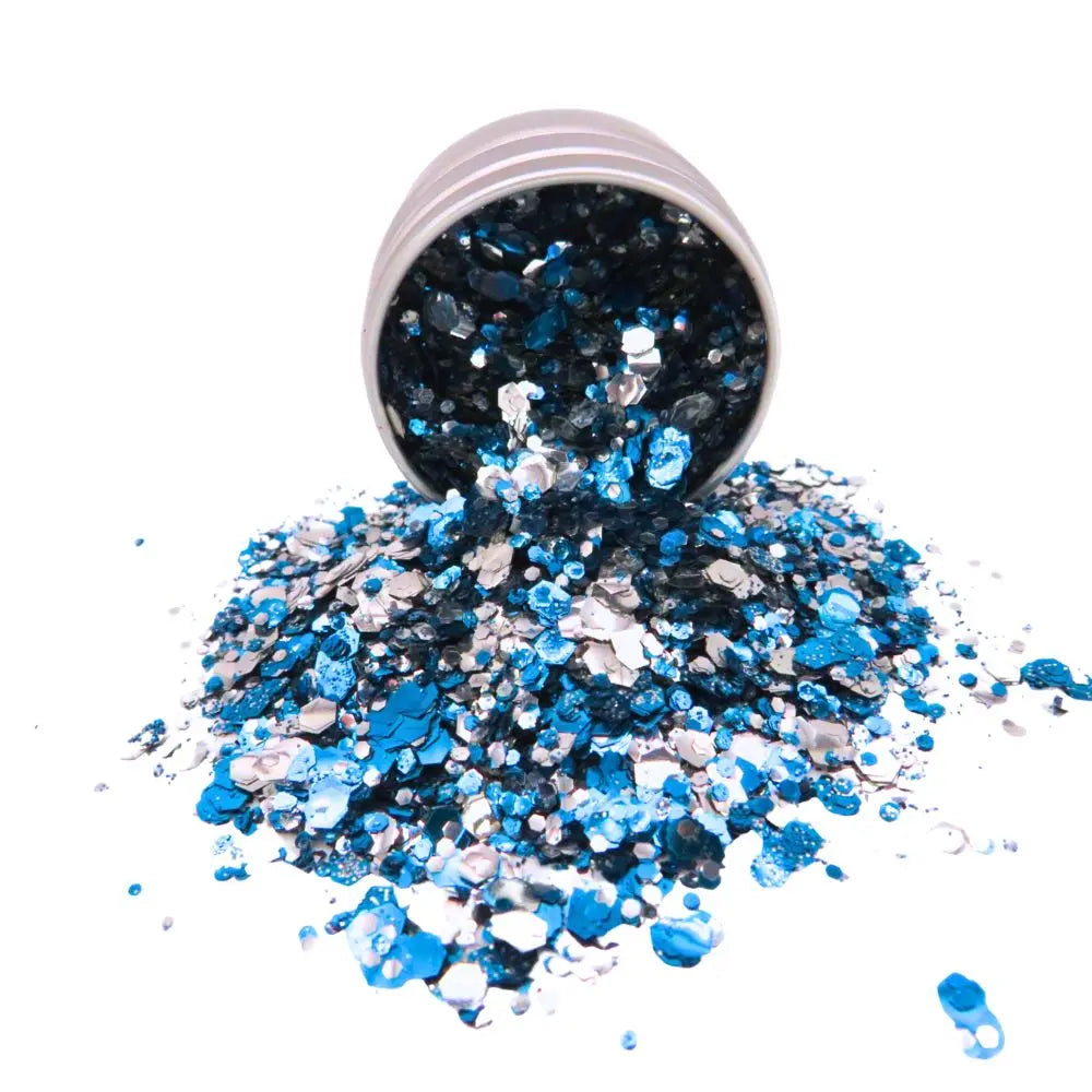 Moon river blue and silver biodegradable glitter blend for face and body.