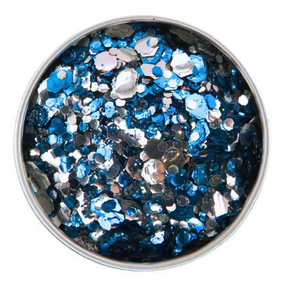 Moon river blend of silver and blue eco friendly glitter in a round aluminium tin for use on your face, body, hair and nails. 