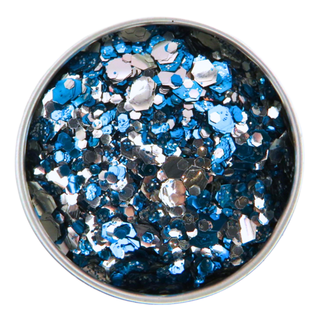 Moon river blend of silver and blue eco friendly glitter in a round aluminium tin for use on your face, body, hair and nails. 