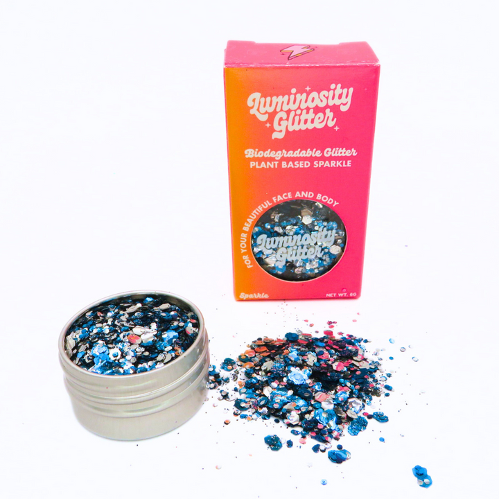 Moon river eco glitter blend in a 6 gram pot comes in a little gradient box.