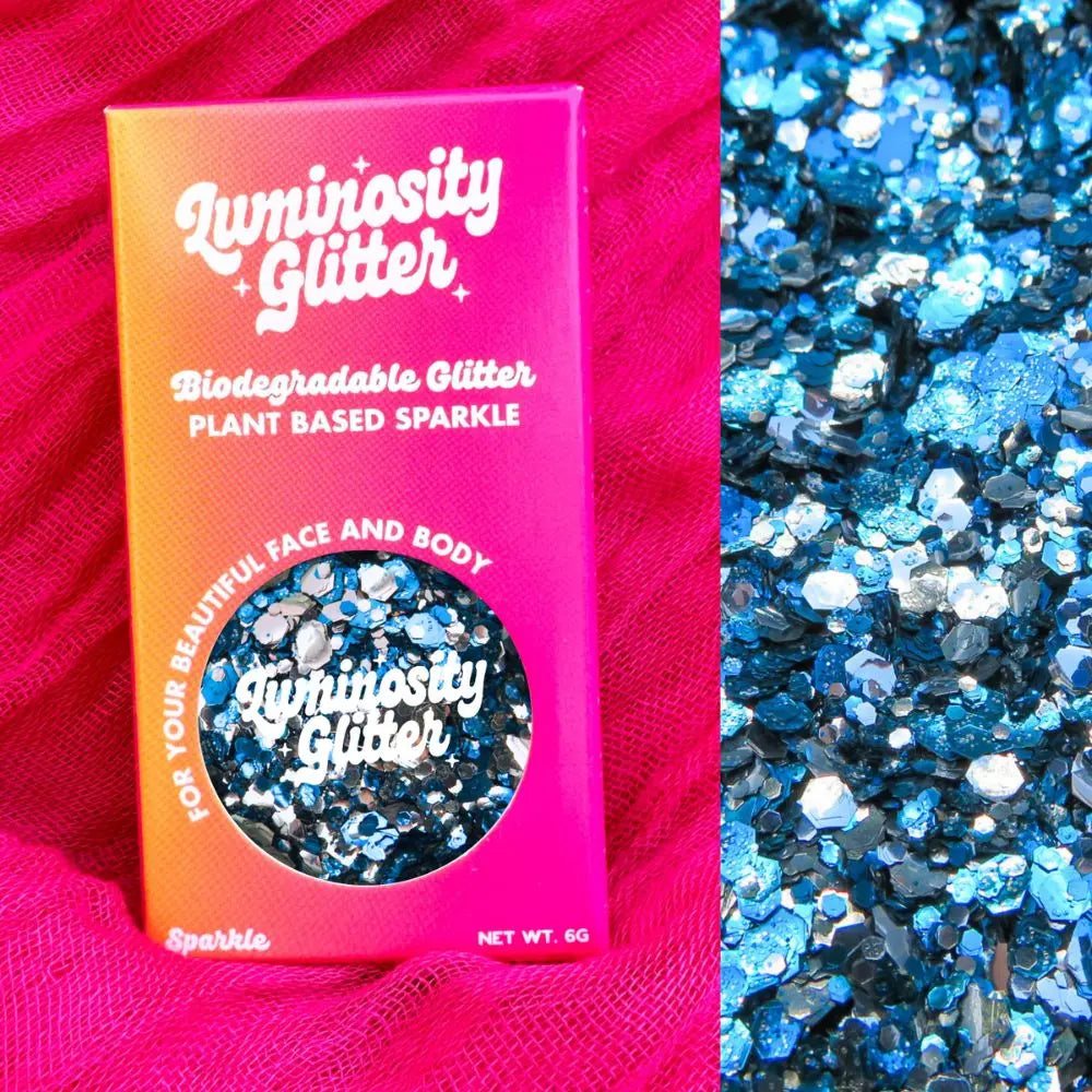 Moon River blue and silver biodegradable glitter mix for makeup and face and body art.