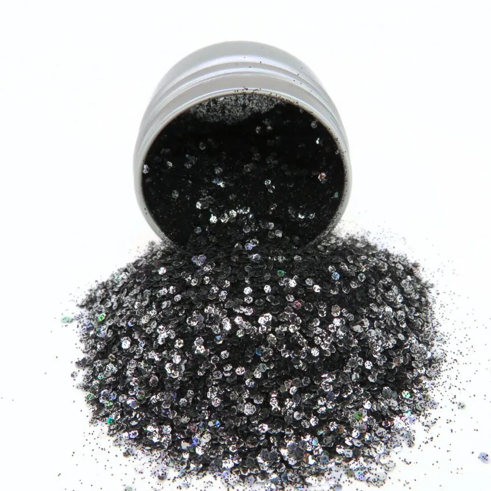 Moonligt wish biodegradable glitter blend by Luminosity Glitter. Close up in a 6 gram aluminium pot.