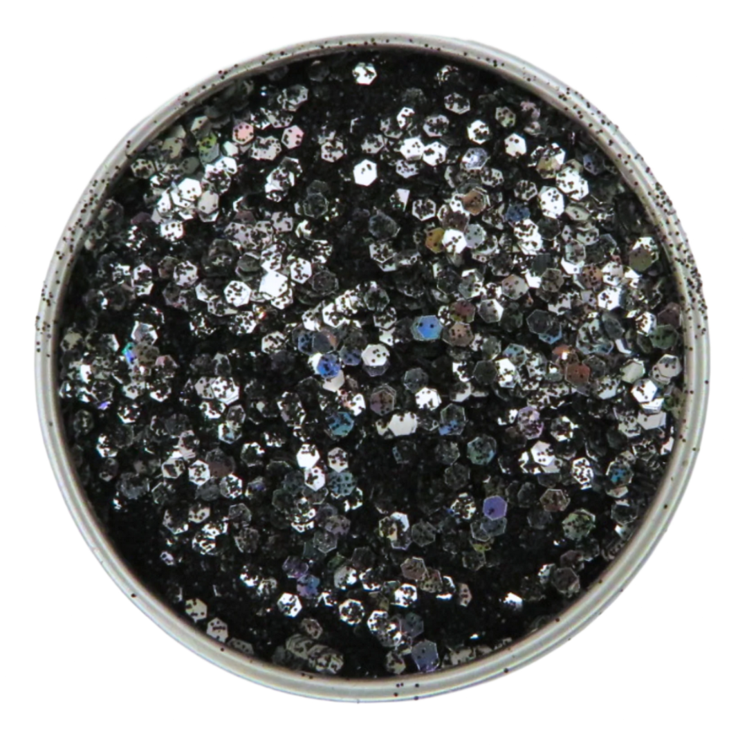 Moonlight wish is a cosmetic glitter blend made with holographic silver glitter and black super fine glitter. Mixed together in a 6 gram aluminium pot.
