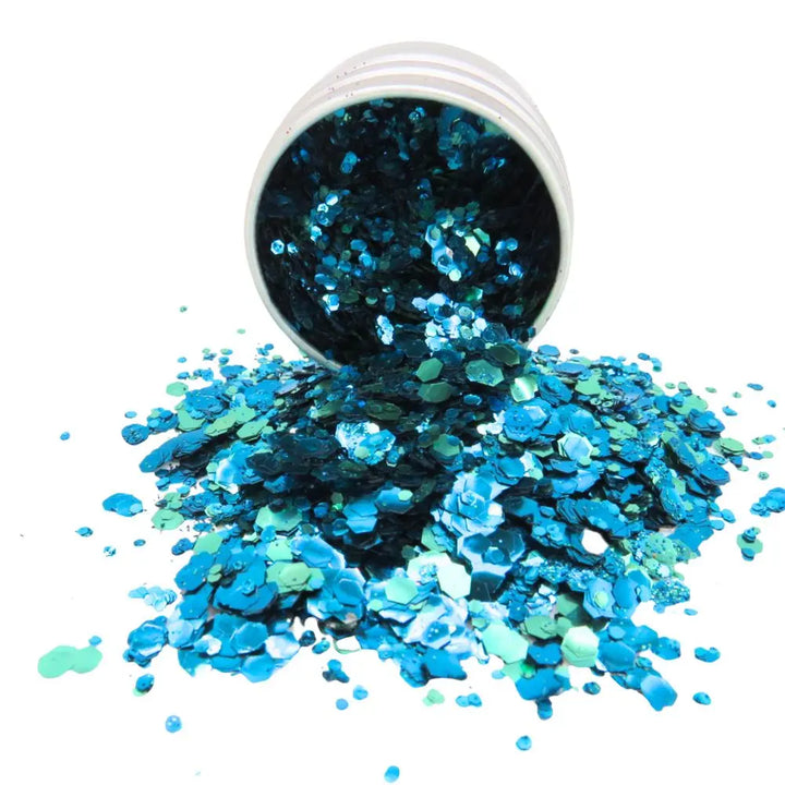 Ocean biodegradable glitter blend is made up of green, blue and turquoise shades of glitter made from plants.