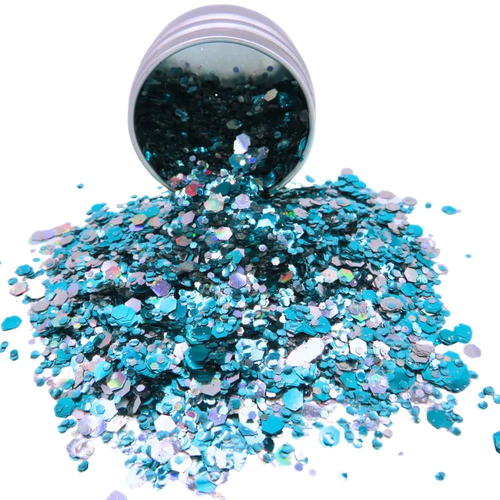 A 6 gram aluminium pot of Ocean Crush eco friendly cosmetic glitter made from plants. Suitable for crafting, makeup and use on your face, body, hair and nails.