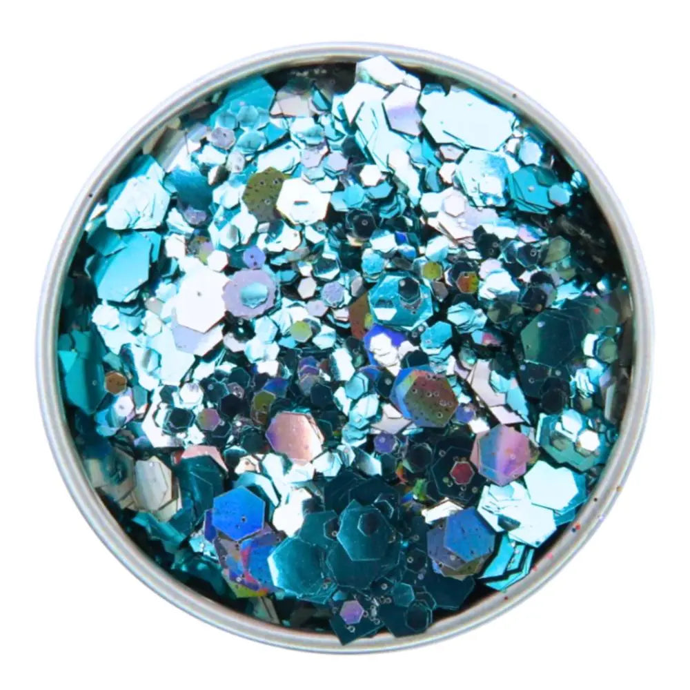 Ocean crush blend of turquoise and holographic silver eco glitter in fine, chunky and super chunky sizing in a round 6 gram aluminium pot.