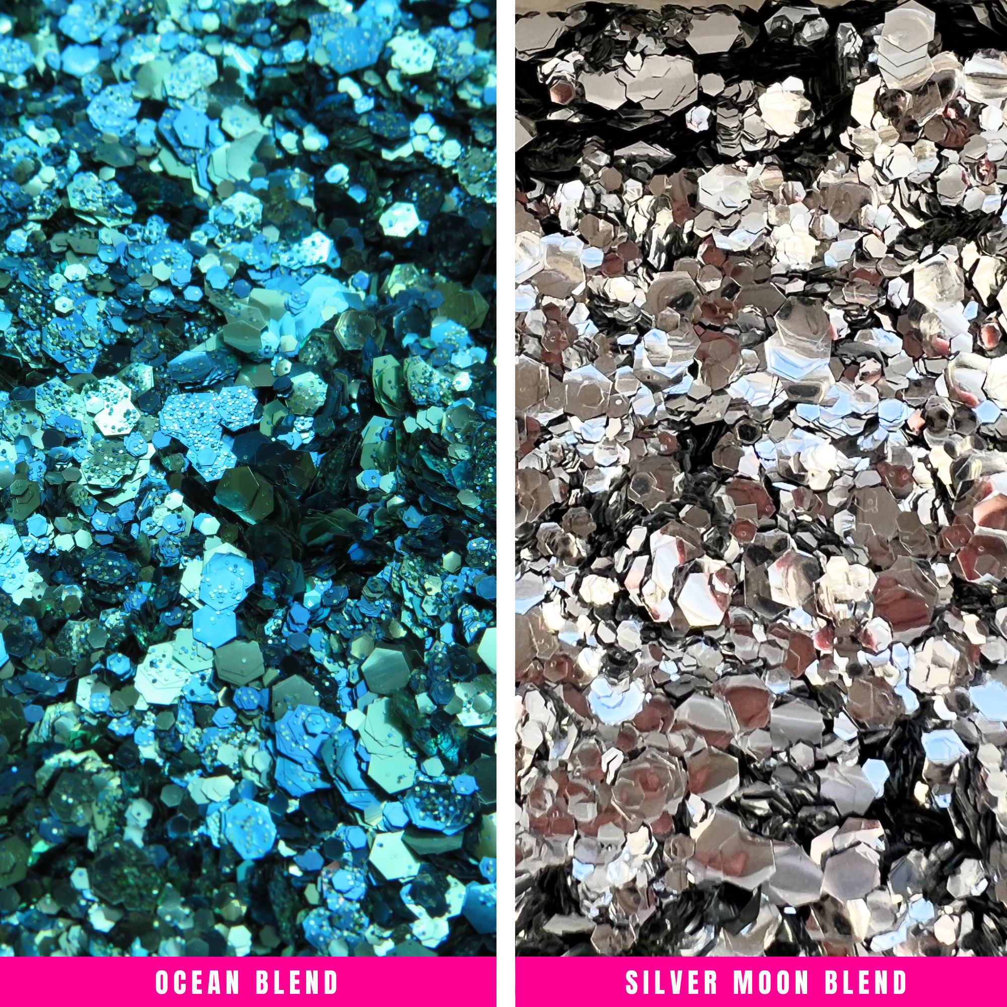 Ocean and Silver moon blends of biodegradable cosmetic glitter