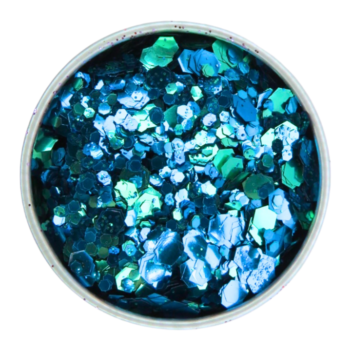 Ocean blend of blue, green and a splash of turquoise shades of eco friendly glitter. 