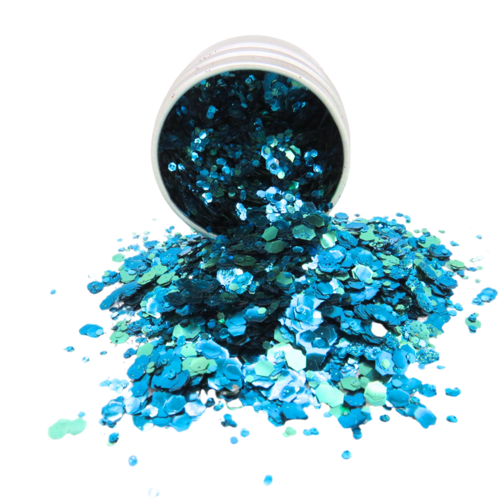 Ocean blue, green and turquoise biodegradable cosmetic glitter in an aluminium pot.