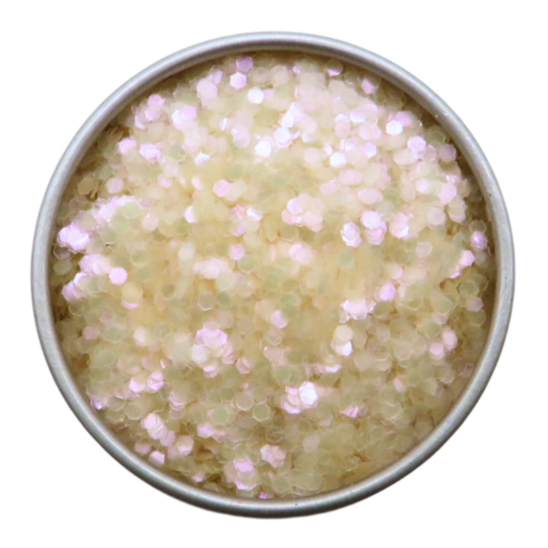 Opal rose chunky biodegradable glitter with a soft pink iridescent shimmer