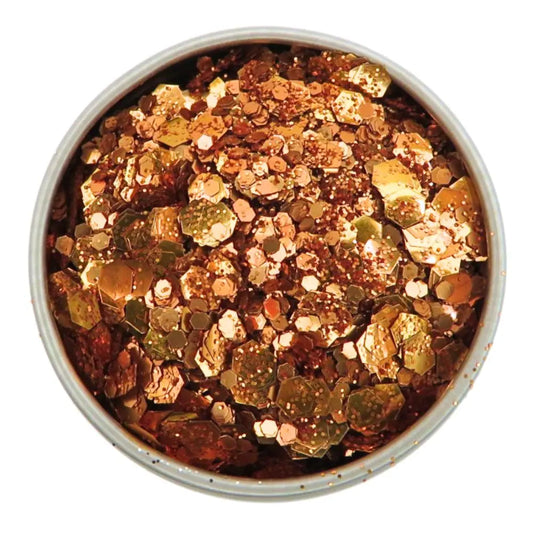 Orange blend of fine, chunky and super chunky glitter in a 6 gram aluminium pot.