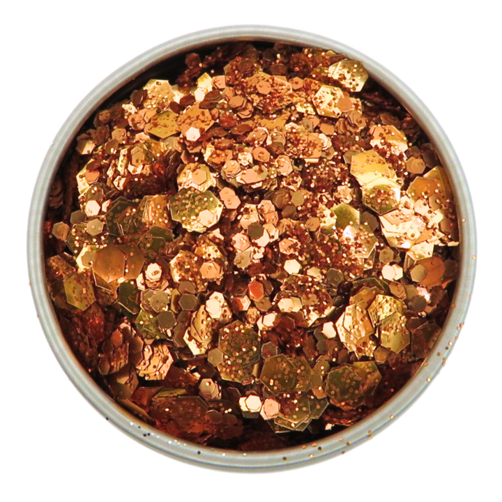 Orange blend of fine, chunky and super chunky glitter in a 6 gram aluminium pot.