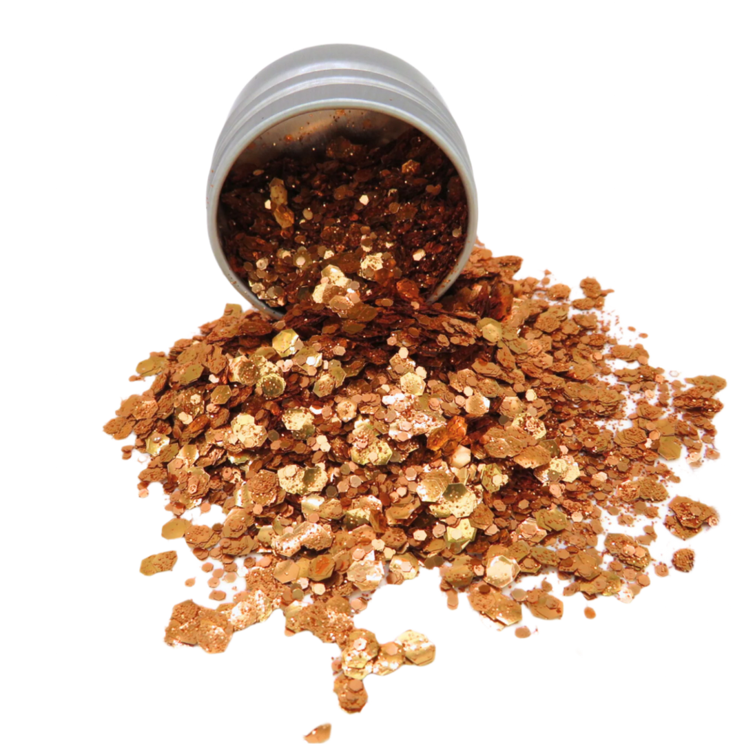 Orange blend of fine, chunky and super chunky cosmetic glitter flakes