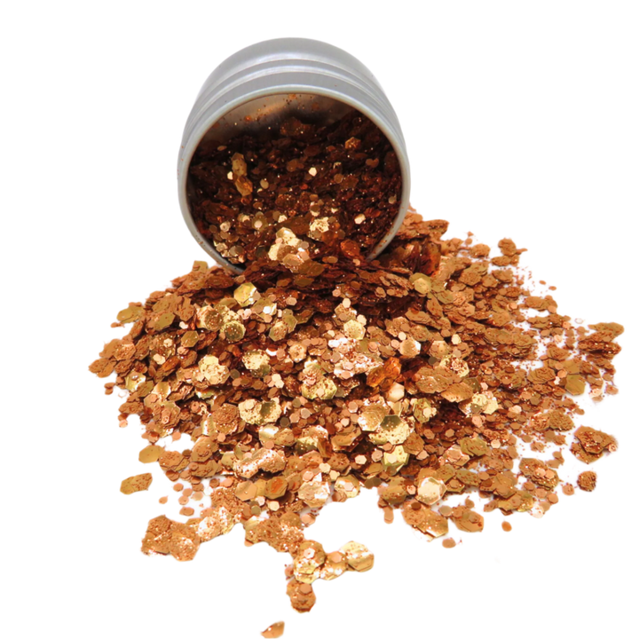 Orange blend of fine, chunky and super chunky cosmetic glitter flakes