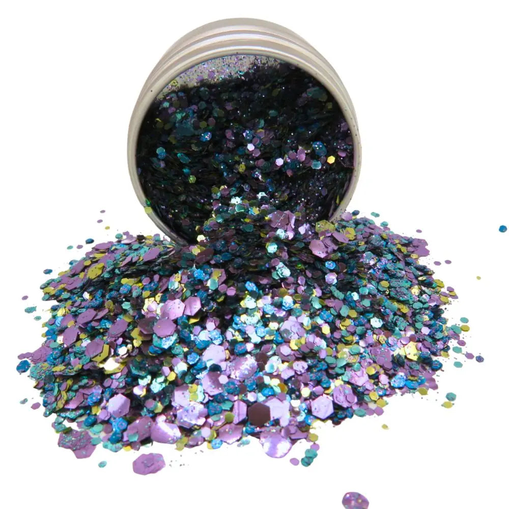 Peacock biodegradable glitter blend close up of purple, blue, turquoise and gold glitter in this beautiful glitter makeup blend.