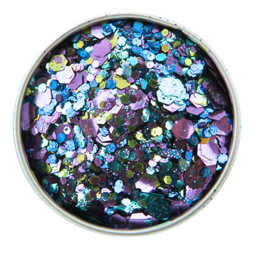 Peacock eco glitter close up in a 6 gram aluminium pot