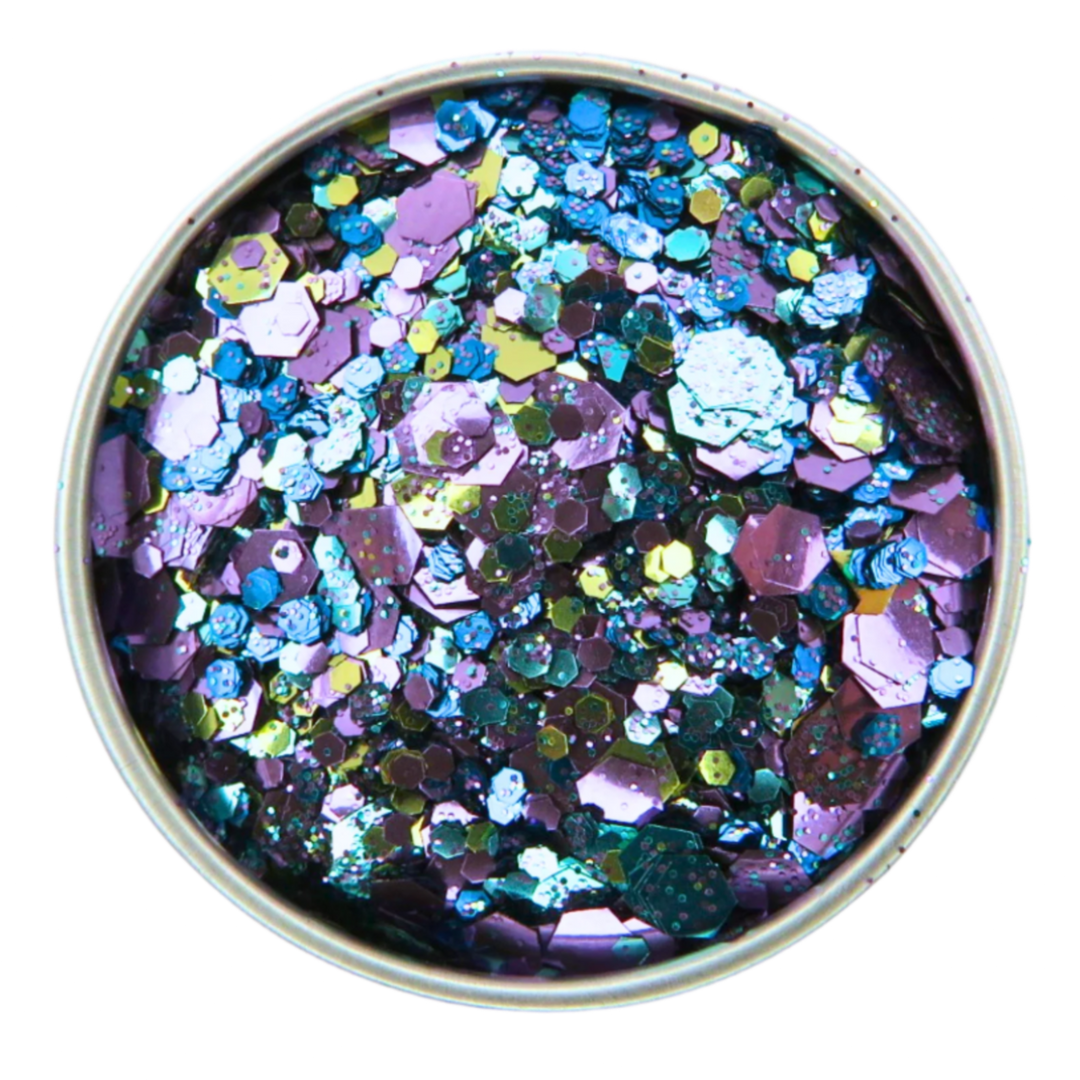 Peacock eco glitter close up in a 6 gram aluminium pot