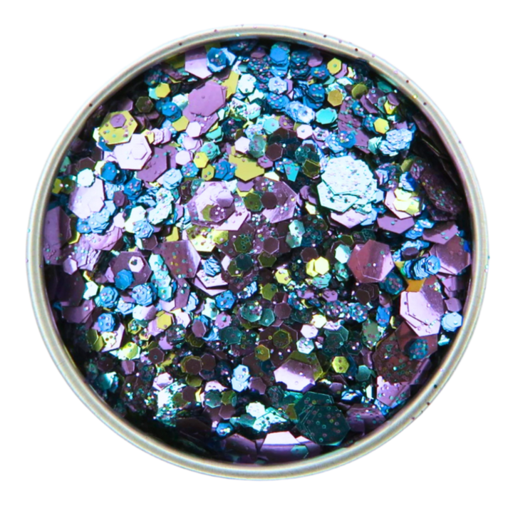 Peacock eco glitter close up in a 6 gram aluminium pot