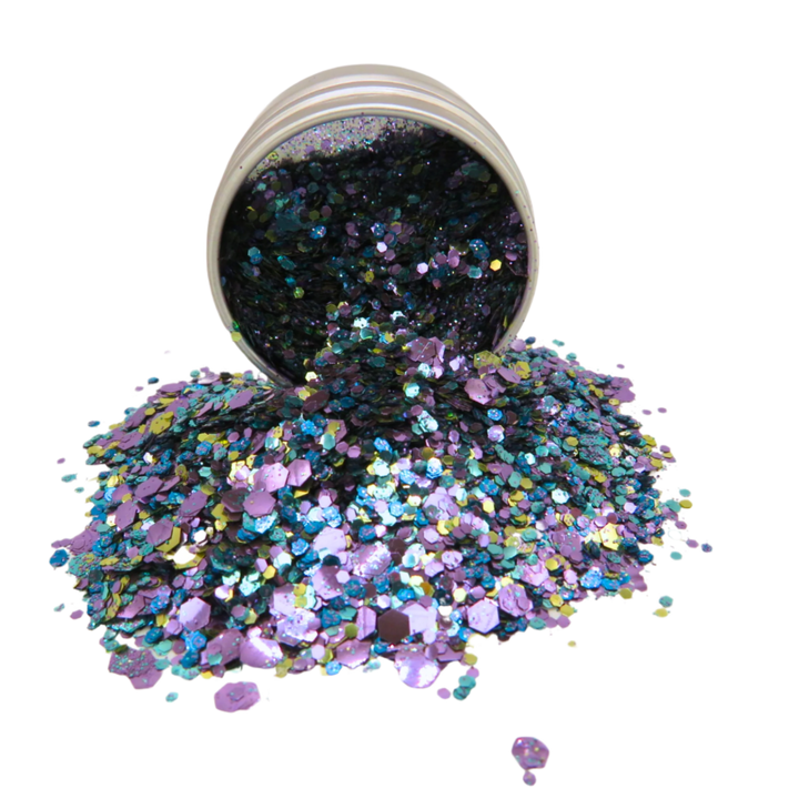 Peacock loose glitter makeup is a blend of purple, blue, gold and turquoise glitter in fine, chunky and super chunky.